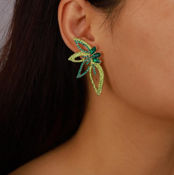 Pink Crystal Abstract Flower Outline Earrings Art Deco Rhinestone Petals Wings - Picture 5 of 6